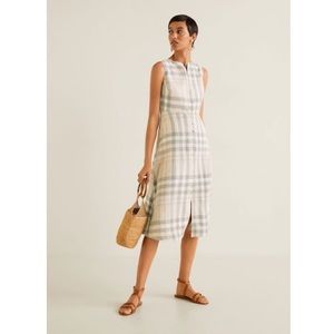 Mango Checked Linen Button Front Midi Dress